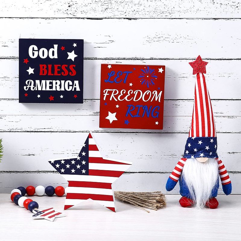 Photo 1 of 5 Pcs 4th of July Decorations, Memorial Day Decorations, Patriotic Decorations for Home, Wood Decor Signs Star Flag Gnomes Decor for Couch Bedroom Office Living Room Outside