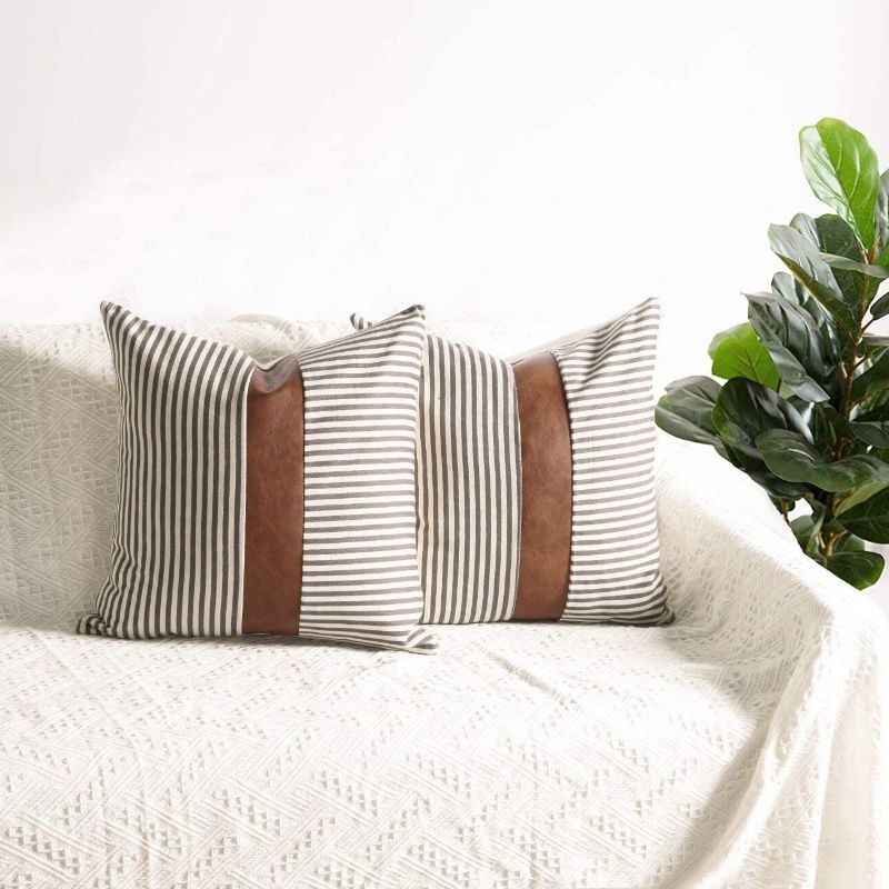 Photo 1 of Cygnus Farmhouse Decoration Pillow Covers 18x18 inch Set of 2 Modern Faux Leather and Ticking Stripe Pillow Covers Boho Indoor Outdoor Decor Cushion Covers for Couch Sofa ,Gray