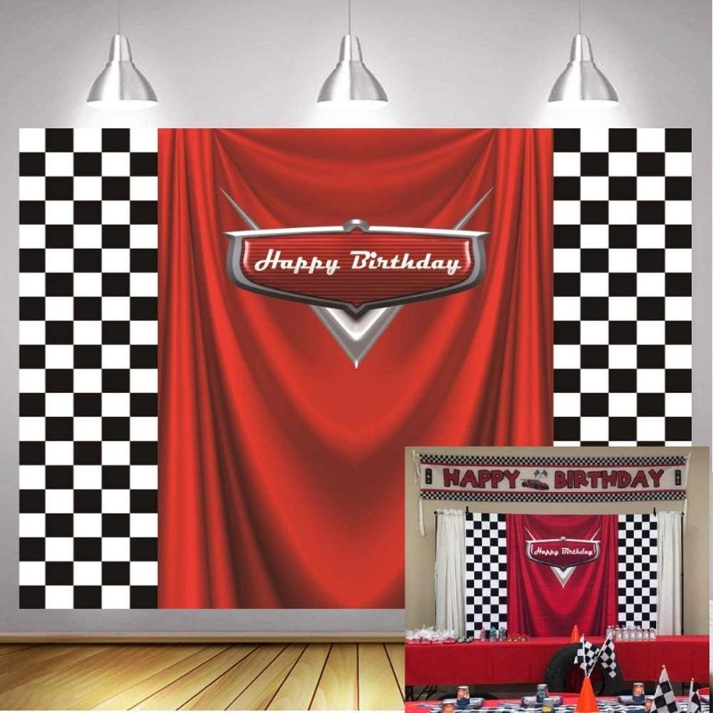 Photo 1 of GYA 7x5ft Car Black White Grid Red Birthday Themed Backdrops Racing Flag Red Photo Backgrounds for Photography Happy Birthday Party Banner Photo Booth Props