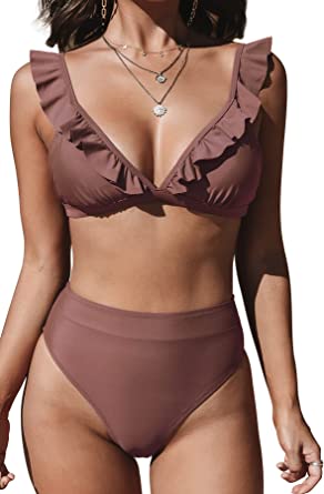 Photo 1 of CUPSHE Women's High Waisted Ruffle Swimsuits 2 Piece Ruched Triangle Bikini Bathing Suits - SMALL -