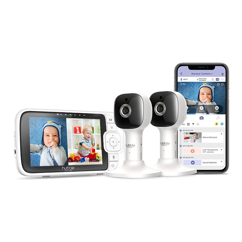 Photo 1 of HUBBLE CONNECTED Nursery Pal Cloud Twin-5" Smart Baby Monitor with Camera and Audio-Dual Wireless Monitoring System-Two-Way Intercom, Night Light, Sleep Trainer, Room Temp & Lullabies,White,2-Cameras - COULD NOT TEST -