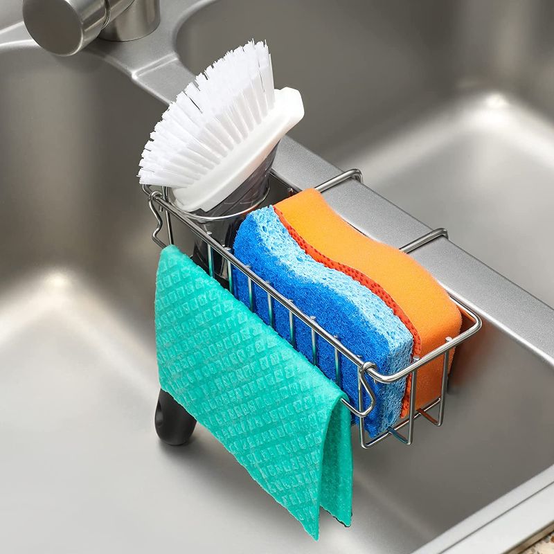 Photo 1 of 3-in-1 Sponge Holder for Kitchen Sink, Movable Sponge Holder + Brush Holder + Dish Cloth Hanger, Hanging Sink Caddy, 304 Stainless Steel in Sink Organizer Rack Basket