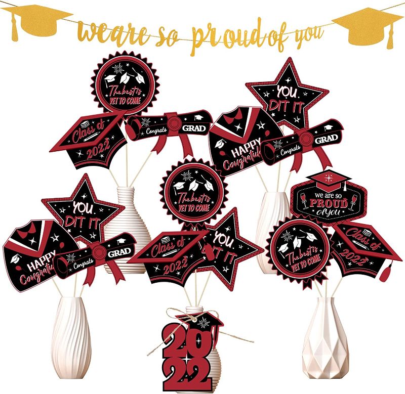 Photo 1 of 26 Pcs Graduation Party Supplies 2022 Red and Black Grad Centerpiece Sticks Table Toppers Graduation Decorations Glitter Congratulations Banner We Are So Proud of You Banner Class of 2022 Decoration
