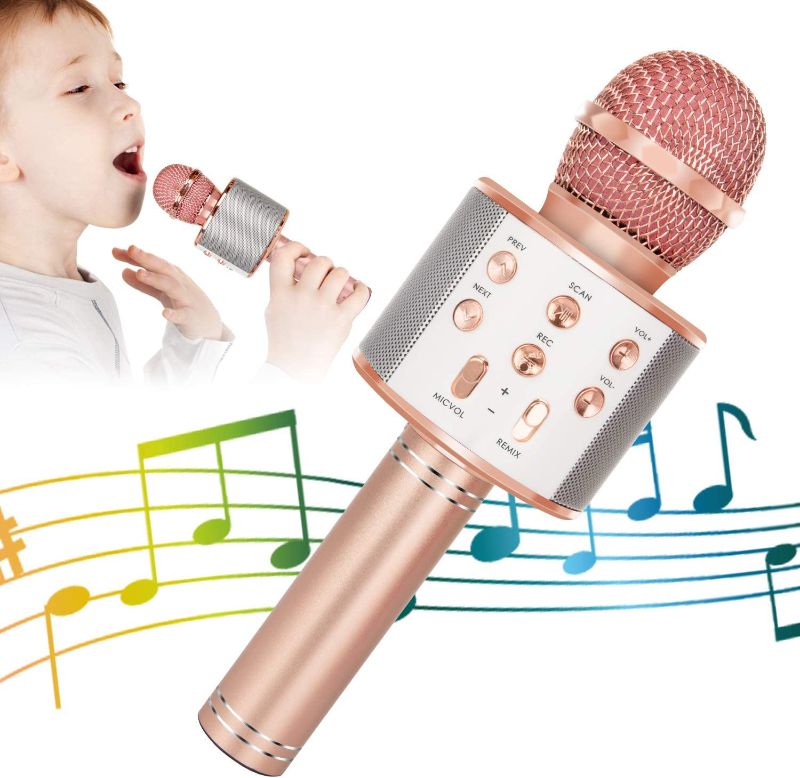 Photo 1 of Wireless Bluetooth Karaoke Microphone for Kids, 5-in-1 Portable Handheld Karaoke Mic Speaker Player Recorder with Adjustable Remix FM Radio for Kids Girls Boys Teens Birthday (858-Rose Gold)
