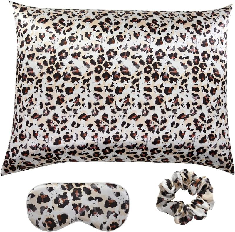 Photo 1 of Elegant Luxury Satin Silk Pillowcase for Hair and Skin, Vegan Silk Pillowcase Cover Set with Hiden Zipper with Eye Mask and Scrunchie, Standard Size, Leopard
