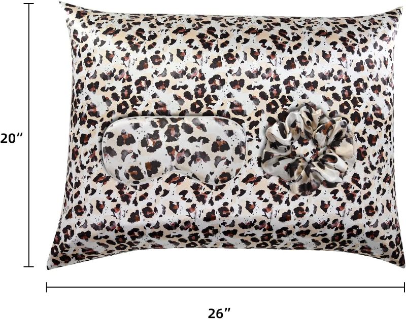 Photo 2 of Elegant Luxury Satin Silk Pillowcase for Hair and Skin, Vegan Silk Pillowcase Cover Set with Hiden Zipper with Eye Mask and Scrunchie, Standard Size, Leopard
