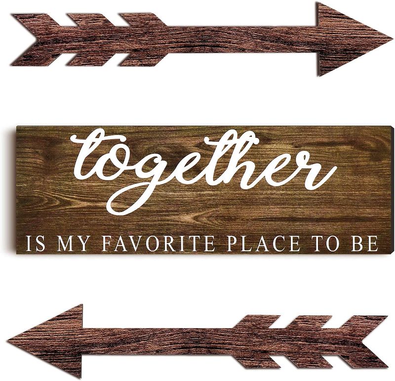 Photo 2 of 3 Pieces Together Wooden Wall Decor Rustic Wood Sign Farmhouse Wall Printed Sign Wooden Arrow Wall Decors for Living Room, Bedroom, Kitchen, Nursery, Office, Wedding (Brown)
