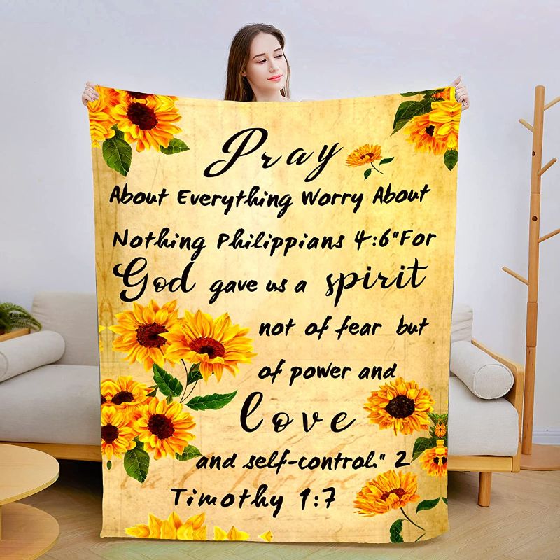 Photo 1 of Christian Gift for Women, Religious Gifts Sunflower Throw Blanket with Inspirational Healing Bible Verse Graduation Gifts for Women and Man
