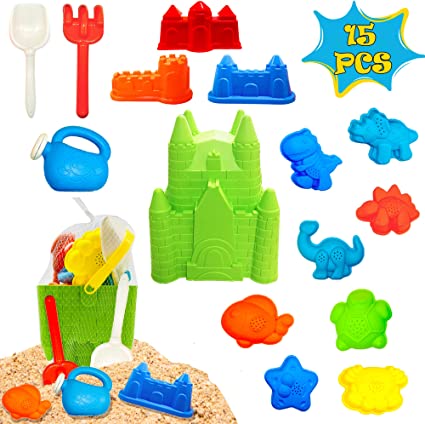 Photo 1 of SUNYPLAY 15 Piece Beach Sand Toy Set, Beach Toys with Castle Bucket, Shovel, Rake, Watering Can, Animals and Castle Molds for Kids, Toddlers
