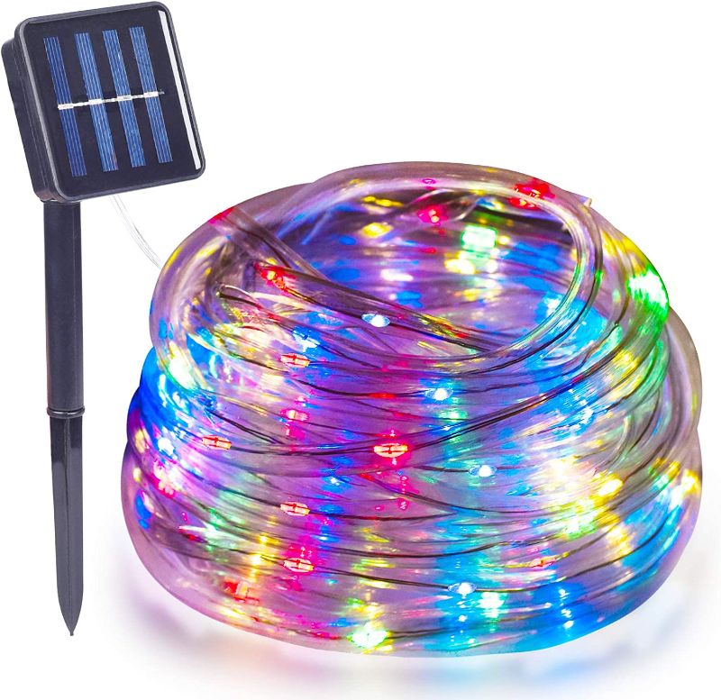 Photo 1 of Solar Rope Lights Outdoor Waterproof, LED Tube String Lights Outdoor 8-Lighting Modes Copper Wire Fairy Lights for Patio Christmas Party Wedding (Multi Color), Multicolor
