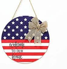 Photo 1 of Davsolly 4th of July Welcome Decoration American Flag Door Sign Patriotic Wooden Wreath with Burlap Bow for Independence Memorial Day Home Décor
