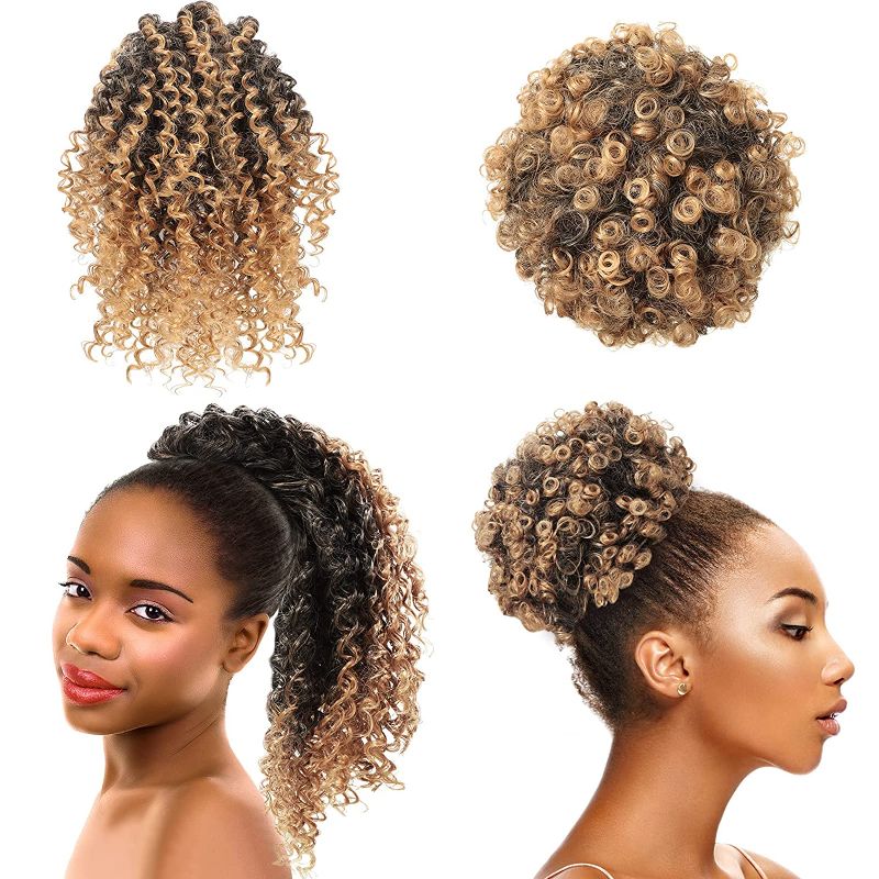 Photo 2 of 2 Pieces Afro Puff Drawstring Ponytail Synthetic Short Curly Hair Afro Bun Extension Hairpieces Wig Updo Hair Extensions Fluffy Kinky Curly Ponytail with 2 Clips for Women Girl (#1BT27)
