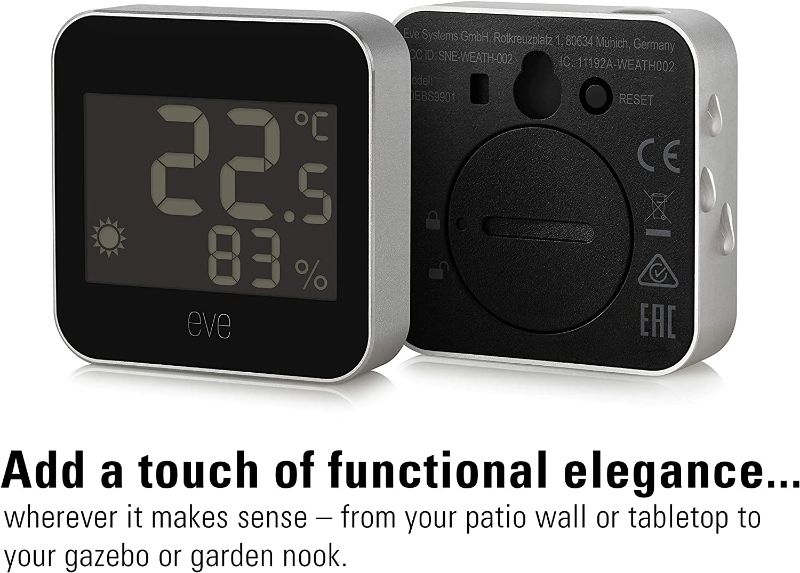 Photo 1 of Eve Weather - Connected Weather Station wit Apple HomeKit technology for tracking temperature, humidity & barometric pressure, weather trend, IPX4 water resistance, display, Bluetooth, Thread
