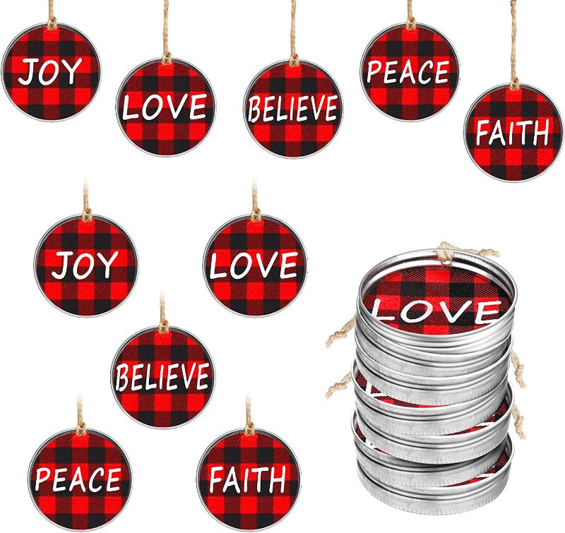 Photo 1 of 20 Pieces Buffalo Plaid Christmas Mason Jar Lid Tree Decorations Christmas Galvanized Hanging Ornament with Peace Joy Love Believe Faith Farmhouse Decor Round Bottle Cork Pads for Christmas Party
