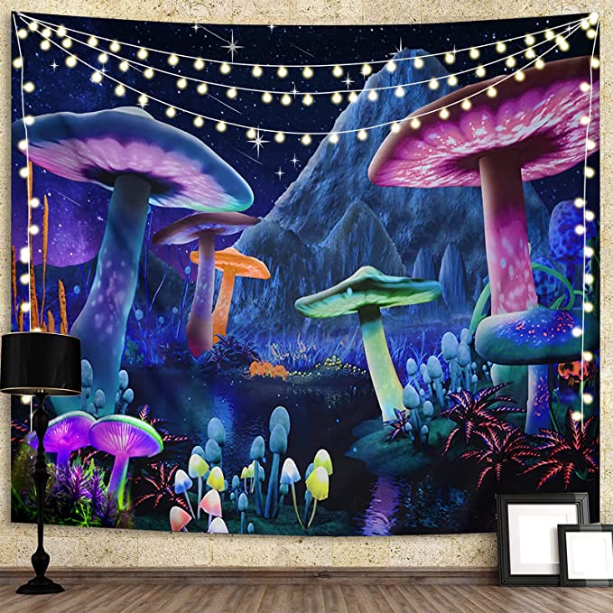 Photo 1 of Estoulen Mushroom Decor Tapestry Colorful Plant Wall Tapestry Tapastry's Wall Hanging Nature Mountain Tapestry Wall Art Starry Sky Tapestries Funny Tapestrys for Bedroom Aesthetic (H70.8" x W92.5", Mushroom)
