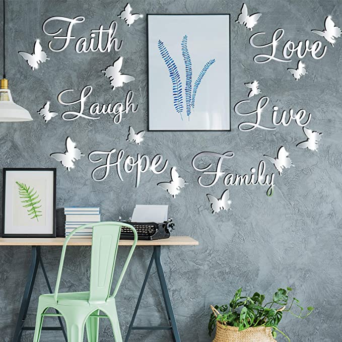 Photo 2 of 3D Acrylic Silver Mirror Wall Decals Live Faith Laugh Hope Love Family Butterflies Removable Home Office School Dorm Room Mirror Wall Decor
