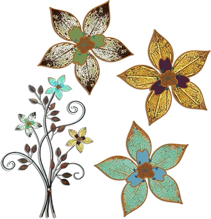 Photo 1 of 4 Pieces Metal Flowers Wall Decor Metal Wall Art Flowers Hanging Decor Rustic Tricolor Flowers Vintage Bedroom Wall Decor for Home Living Room Kitchen Garden, 12.05 x 10.08 x 0.71 Inches
