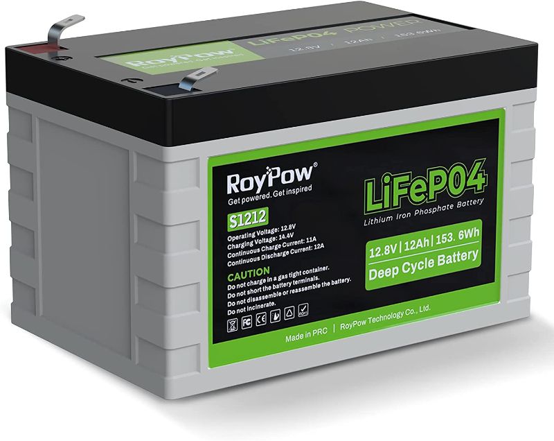 Photo 1 of 12V 12Ah Deep Cycle LiFePO4 Battery, RoyPow 12 volt Rechargeable Lithium Iron Phosphate Battery with low-temperature cut-off, 3500~8000 Cycles for Kid Scooters, Solar System, Fish Finder, RV
(UNABLE TO TEST IN FACILITIES)