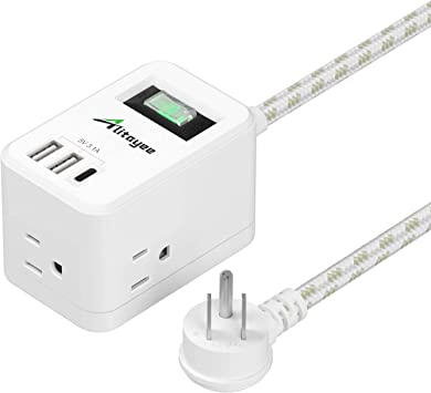 Photo 1 of Power Strip with USB,Alitayee Travel Power Strip with 3 Outlets 3 USB Ports(Type-C and 2 Type-A) 5V 3.1A 15.5W Fast Charging,Flat Plug and 5ft Braided Extension Cord for Travel Home Office ETL Listed
