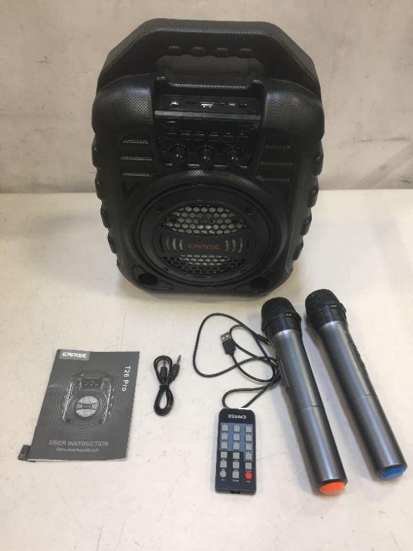 Photo 1 of EARISE T26 Pro Karaoke Machine with 2 Wireless Microphones, Portable PA System Bluetooth PA Loudspeaker with LED Lights, Audio Recording, FM Radio, Remote Control, Supports TF Card/USB/AUX
