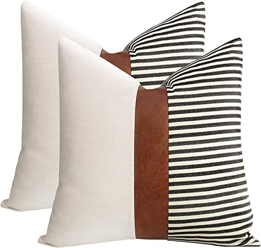 Photo 1 of cygnus Set of 2 Farmhouse Decor Stripe Patchwork Linen Throw Pillow Covers,Modern Tan Faux Leather Accent Pillow Covers 18x18 inch,Black
