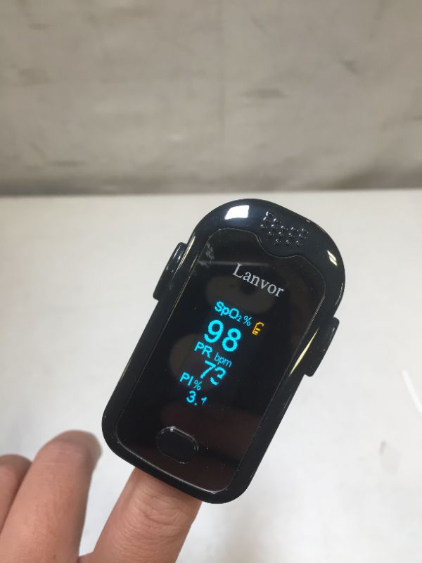 Photo 2 of Lanvor Fingertip Pulse Oximeter, Blood Oxygen Saturation Monitor with OLED Display, Portable Digital (SpO2) Meter with Batteries and Lanyard
