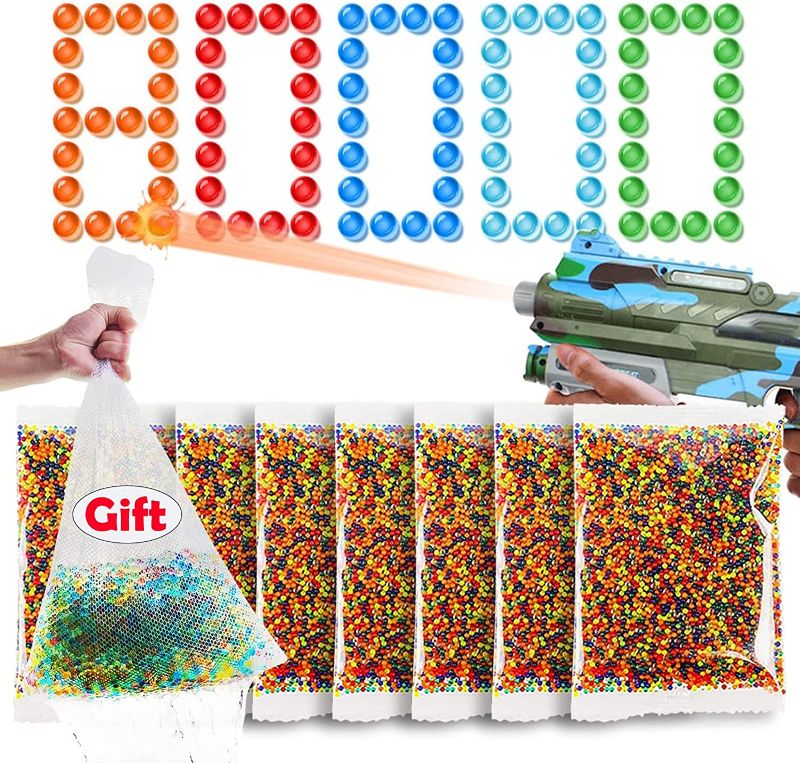 Photo 1 of Gel Splatter Ball Blaster Refill Ammo (7-8 mm, 8 Pack, 80000 Pieces),Mix-Color Water Gel Splater Ball Bullets,Made of Non-Toxic,Gel Beads for Kids with Storage Bag
