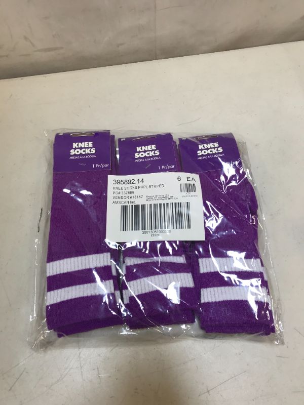 Photo 2 of Amscan 395892.14 Purple Knee High Socks with White Stripes, 19" (3 PACK)