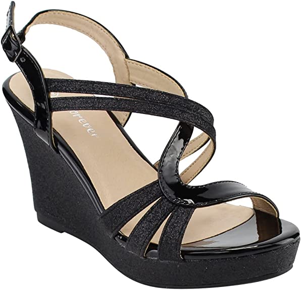 Photo 1 of Forever FQ22 Women's Glitter Strappy Wrapped Wedge Heel Platform Sandals, Black, 7.5