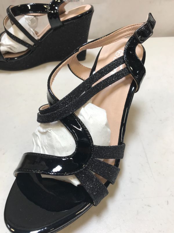 Photo 5 of Forever FQ22 Women's Glitter Strappy Wrapped Wedge Heel Platform Sandals, Black, 7.5
