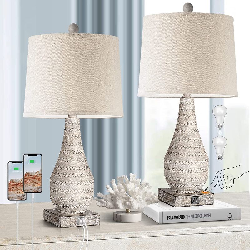 Photo 1 of 3 Way Dimmable Touch Lamps for Bedroom Set of 2, Bedside Lamp with USB Ports,Rustic Table Lamp for Living Room with Gray Body, Resin Nightstand Lamp with Linen Shade, Farmhouse Lamp for Study Room
