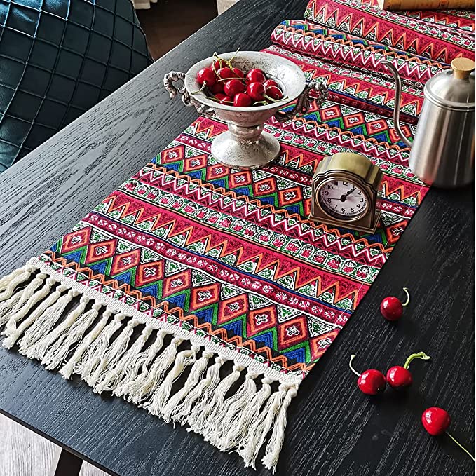 Photo 1 of ARTABLE Boho Table Runner Cotton Linen Pom Pom Dresser Scarf Bohemian Lace Farmhouse Style Dresser Runner for Kitchen Picnic Outdoor Protector Striped Dining Tabletop Decor (Red, 13 x 104 Inch)
