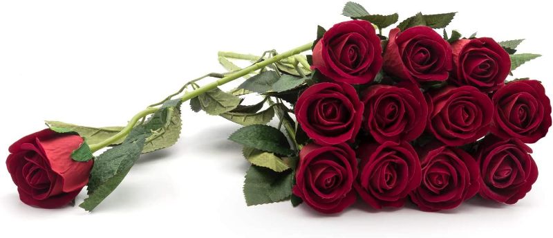 Photo 1 of Artificial Silk Rose Velvet Flower for Bouquets, Weddings, Valentines, Wreaths, Crafts, Single Stem (1 Dozen) 15" Long, Red
