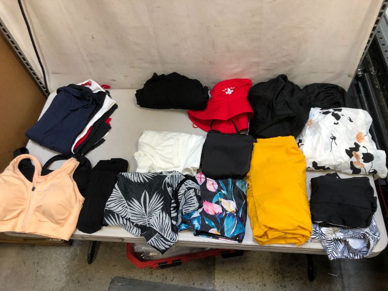 Photo 1 of Clothing Bag Lot - 2 Pcs Swimsuit Size XL Black and White Floral , Full Face Cover Face Mask , Cover Up Shirt One Size ,  2XL Black One Pcs Shirt Skirt , Yellow Long Sleeve Ruffled Dress Size 2XL , Womens Swim Shorts Size XL , Red Life Guard Bucket Hat , 