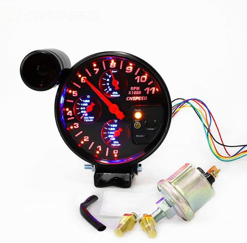 Photo 1 of  5 inch Tachometer Gauge Kit Car Motor 4 in 1 RPM Meter 12V LED with Seat and Adjustable Shift Light Oil Press Water Oil Temp Sensor
