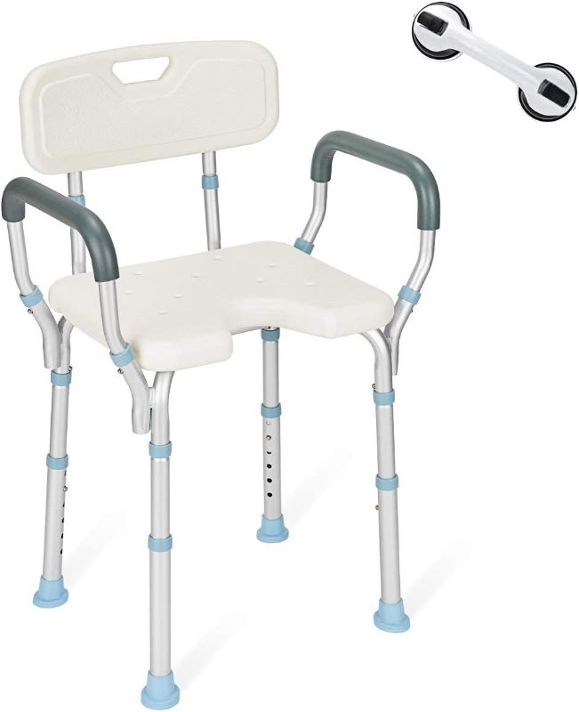 Photo 1 of  Heavy Duty Shower Chair with Back and Arms 300lb, Bathtub Chair with Handles - Free Assist Grab Bar - Medical Tool Free Shower Cutout Seat for Handicap, Disabled, Seniors & Elderly
