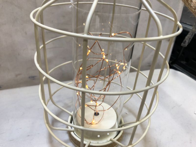 Photo 2 of 9.5" White Battery Operated Metal Cage Lantern with LED Fairy Lights, Decorative Table Lamp with Timer Function for Indoor Use
