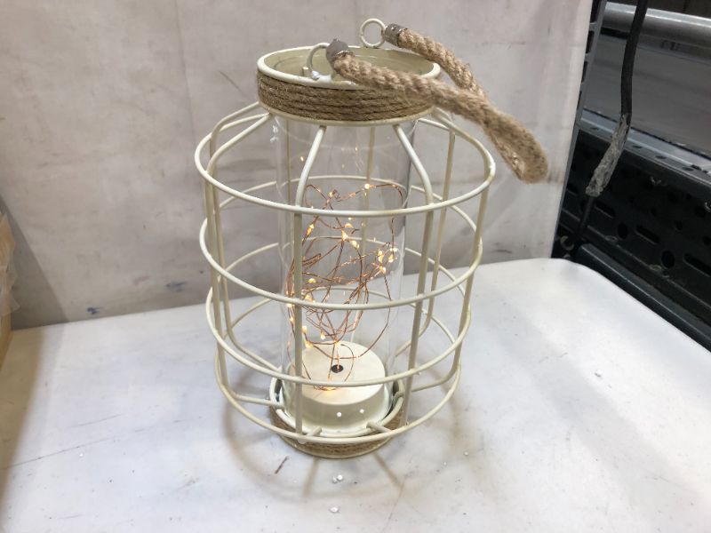 Photo 4 of 9.5" White Battery Operated Metal Cage Lantern with LED Fairy Lights, Decorative Table Lamp with Timer Function for Indoor Use
