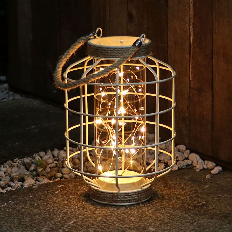 Photo 1 of 9.5" White Battery Operated Metal Cage Lantern with LED Fairy Lights, Decorative Table Lamp with Timer Function for Indoor Use
