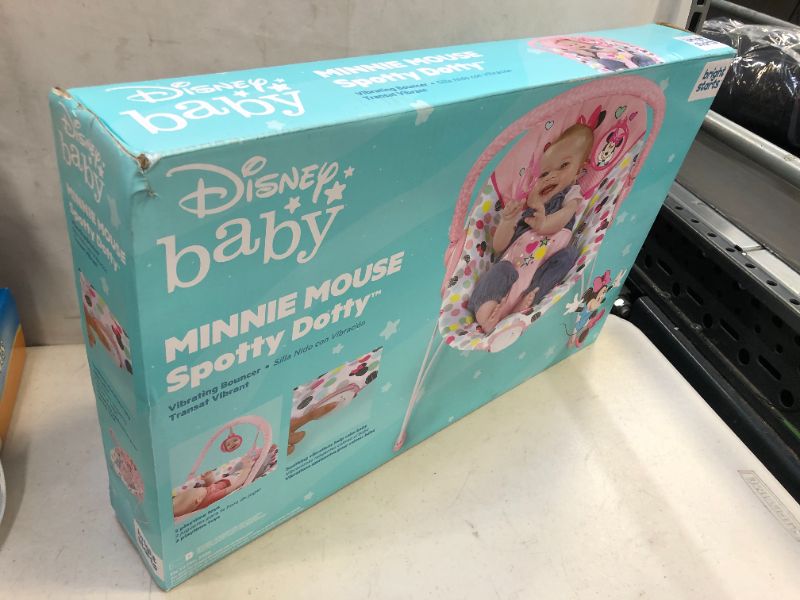 Photo 3 of Bright Starts Disney Baby Minnie Mouse Vibrating Bouncer with Toy Bar- Spotty Dotty---new factory sealed