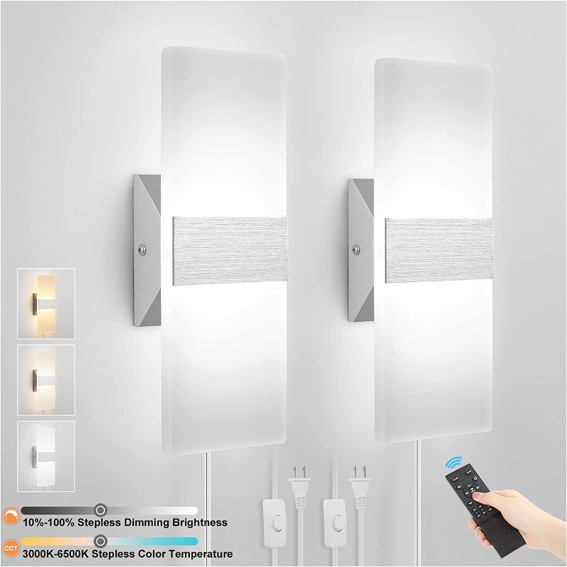 Photo 1 of ENCOMLI Plug in Wall Sconces with Stepless Adjustable 3000K-6500K Colors and 10%-100% Brightness, Sconces Wall Lighting with Remote Control 12W Acrylic LED Wall Lamp with 6FT Plug in Cord, 2 Pack
