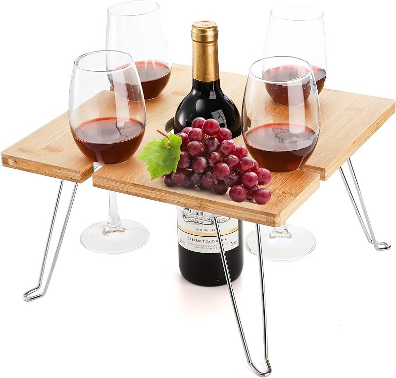 Photo 1 of ZOOFOX Portable Wine Picnic Table, Folding Picnic Tray, Outdoor Wine Picnic Table with 4 Glasses Holder for Beach, Park and Camping, Wine Lover Gift
