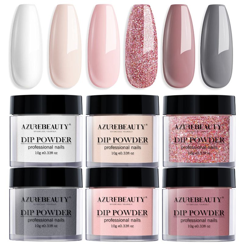 Photo 1 of Dip Powder Nail Set, AZUREBEAUTY 6 Colors Classic Nude Collection Skin Tone Glitter Pastel Dipping Powder Starter Kit French Nail Art Manicure DIY Salon Home Gifts for Women, No Need Nail Lamp Cured
