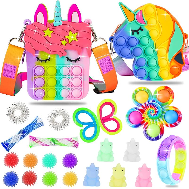 Photo 1 of MINI Pop Purse Toy Crossbody Pack, Unicorn Girls Shoulder Bag Gifts, Bracelet Keychain Wallet Toddlers Bulk Set Kit Box, Popper Prizes School Party Stress Relief Girls Kids
