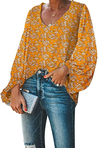 Photo 1 of BELONGSCI Women's Casual Sweet & Cute Loose Shirt Balloon Sleeve V-Neck Blouse Top
Size: S
Color: Yellow Small Floral

