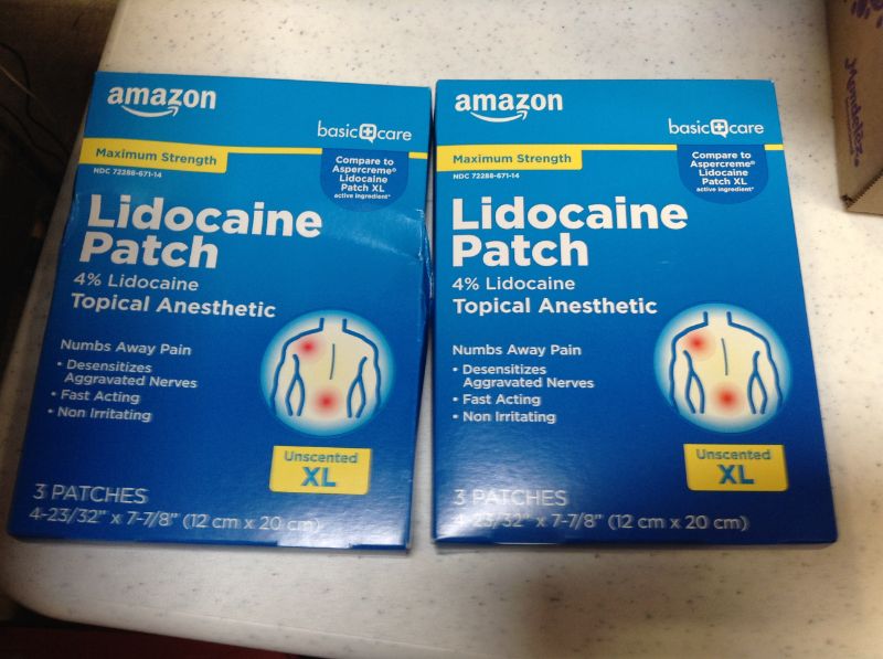 Photo 2 of 2x Amazon Basic Care Lidocaine Patch, 4% Topical Anesthetic XL, 12 cm x 20 cm, Pain Relieving Patch, Up to 8 Hours' Relief for Joint Pain, Back Pain, Neck Pain, Shoulder Pain, Knee Pain, 3 Count
