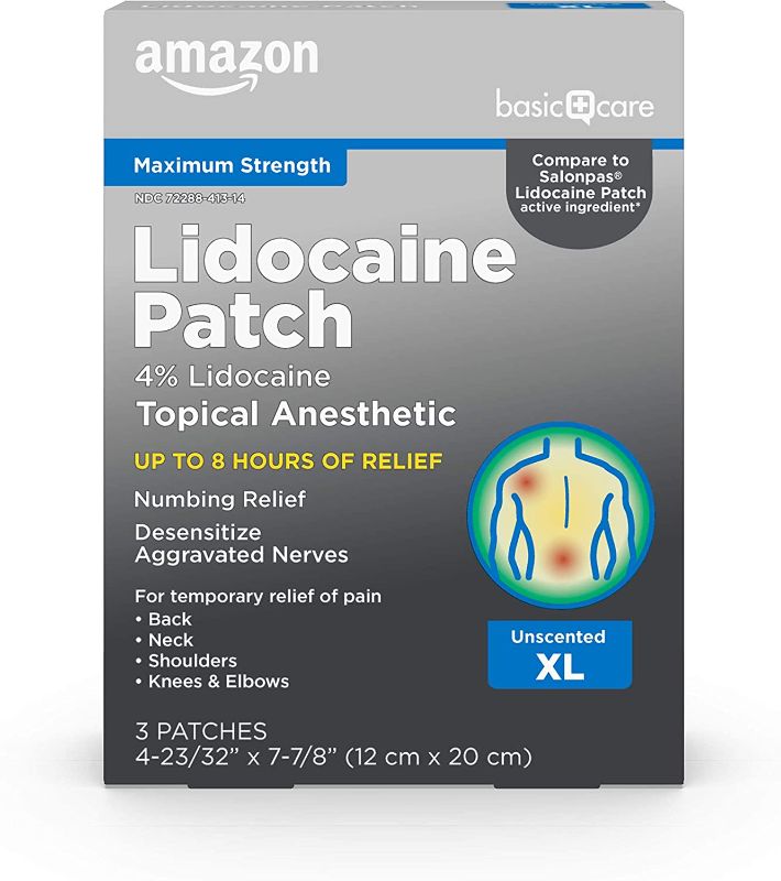 Photo 1 of 2x Amazon Basic Care Lidocaine Patch, 4% Topical Anesthetic XL, 12 cm x 20 cm, Pain Relieving Patch, Up to 8 Hours' Relief for Joint Pain, Back Pain, Neck Pain, Shoulder Pain, Knee Pain, 3 Count
