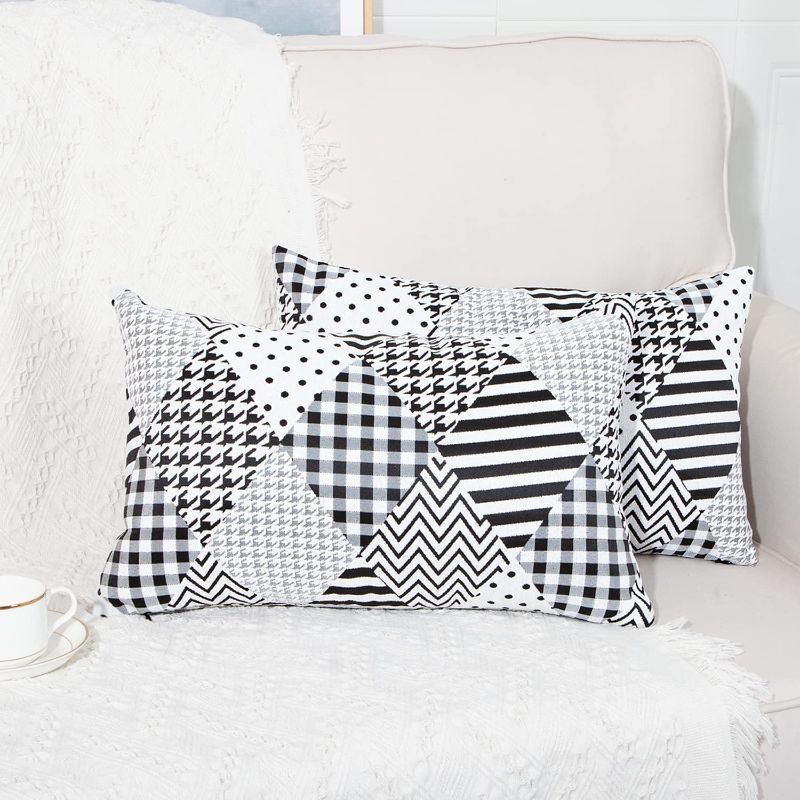 Photo 1 of Artcest Set of 2 Patchwork Decorative Patterned Oblong Jacquard Throw Pillow Covers, Cozy Geometric Cushion Cases for Couch Bed and Living Room, 12"x20"(Black)
