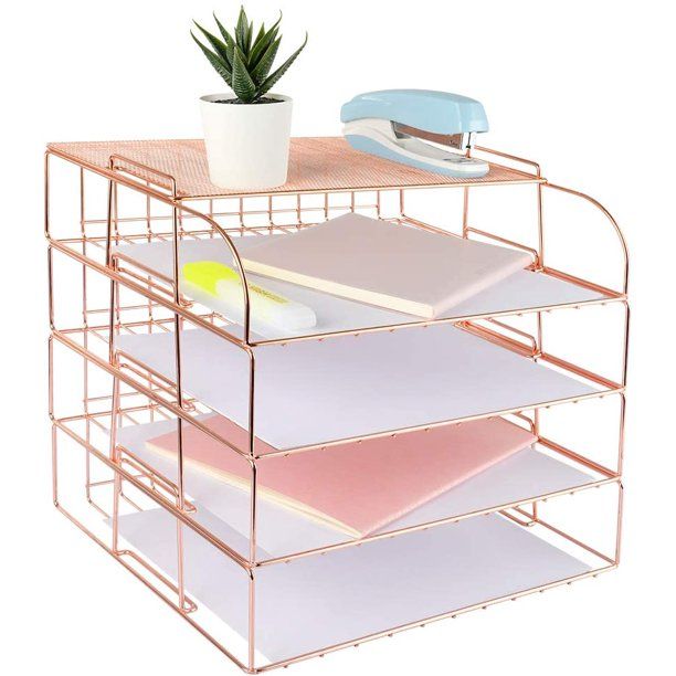 Photo 1 of Stackable File Tray, 4 Tier Paper Organizer Tray, Wire Desk File Sorter Shelf for Mail, Magazine, Document, Folder, Book and More (Rose Gold)