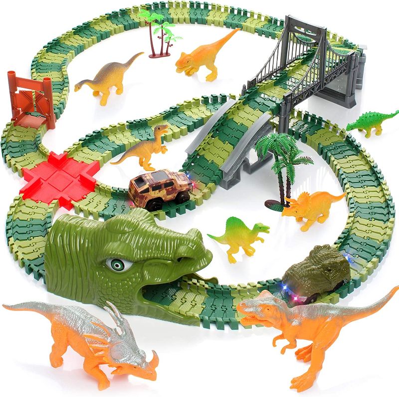 Photo 1 of Dinosaur Track Toys, 200+ Pcs Create A Dinosaur World Road Race, Flexible Track Playset with 1 Dinosaur Car,1 Race Car,8 Dinosaurs for 3 4 5 6 Year & Up Old Boys Girls Kids Toddlers Great Gift - factory sealed new 